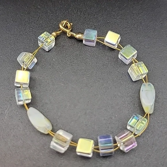 AB Cube & Givre Art Glass Necklace Bracelet and Earring Set Gold Tone Wire